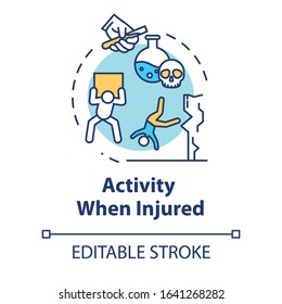 Activity when injured concept icon. Work and safety regulations non-compliance, physical and chemical factors thin line illustration. Vector isolated outline RGB color drawing. Editable stroke