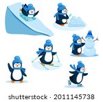 Activity in winter. Penguin vector illustration set. A collection of cartoon characters of a cute penguin. Go skating, skiing, sledding from the mountain. Make a snowman and a snow castle