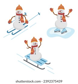 Activity in winter. Set of vector illustrations of snowmen. Collection of cute snowman cartoon characters. Skate, ski, or sled down the mountain. Snowman in a hat, scarf and mittens.