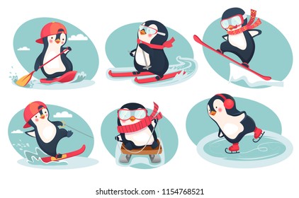 Activity in winter. Activity in summer icon. Penguin vector illustration set