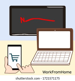 The activity of working from home. watching television, shopping online,social media. Vector illustration in a flat style 