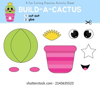 Activity worksheet, build a cactus, cut and glue. Cutting practice for kids. Educatuonal paper game.  Children's art project. Funny cartoon character. 