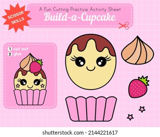 Activity worksheet, build a cupcake, cut and glue. Cutting practice for kids.  Educatuonal paper game.  Children's art project. Funny cartoon character. Vector kawaii sweet character