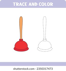 Activity worksheet with handwriting practice. Trace and color objects. Plunger. Educational page for children