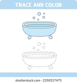 Activity worksheet with handwriting practice. Trace and color objects. Bath. Educational page for children