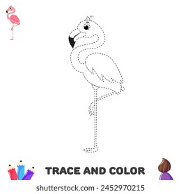 Activity worksheet for kids. Trace and color flamingo. Handwriting practice page