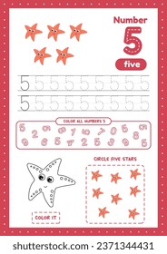 Activity worksheet for preschool kids. Educational worksheets with exercises. Trace, color,count stars on one a4 page. Learn number 5
