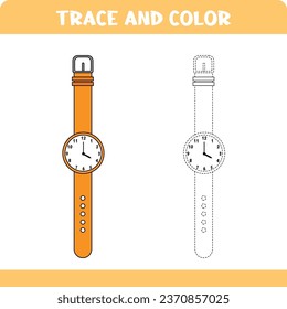 Activity worksheet with trace and color educational game for kids.  Handwriting practice for preschoolers.  Coloring page for children. Tracing watch
