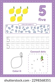 Activity worksheets for kids education with many exercises. Learning numbers. Number 5. Trace, color, dot to dot on one page