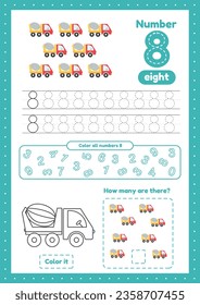 Activity worksheets for kids education with many exercises. Learning numbers. Number 8. Trace, color, counting concrete mixers games on one page