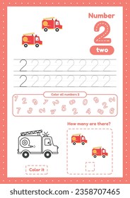 Activity worksheets for kids education with many exercises. Learning numbers. Number 2. Trace, color, counting games on one page
