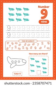 Activity worksheets for kids education with many exercises. Learning numbers. Number 9. Trace, color, counting planes games on one page