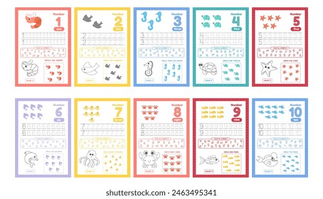 Activity worksheets for kids education with many exercises. Learning numbers from 1 to 10. Trace, color, dot to dot on one page