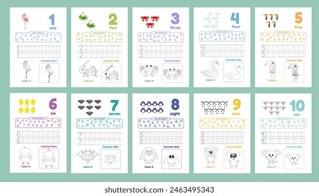 Activity worksheets for kids education with many exercises. Learning numbers from 1 to 10. Trace, color, dot to dot on one page