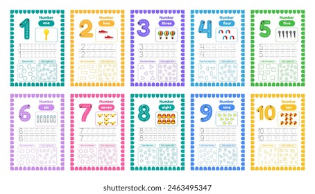 Activity worksheets for kids education with many exercises. Learning numbers from 1 to 10. Trace, color, dot to dot on one page