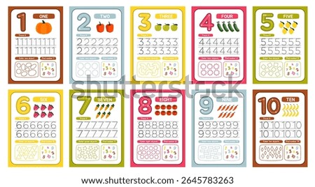 Activity worksheets for kids. Educational flashcards for elementary school to learn numbers from one to ten. Materials for preschoolers. Flat vector illustration collection isolated on background