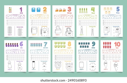 Hojas de trabajo de actividades para niños con muchos ejercicios. Números de aprendizaje del 1 al 10. Traza, color, punto a punto en una página