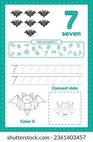 Activity worksheets for preschool children education with many exercises on one page. Learning number 7. Trace, color, dot to dot
