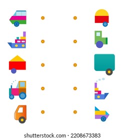 Activity for presсhool years children. Need to find the second parts of the transports. Vector illustration. Flat style design. 