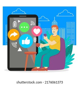 la actividad de un joven que usa los medios sociales como un estilo de vida moderno, sentado en un café con vistas a la ciudad, adecuado para sitios web, aplicaciones móviles, afiches y otros