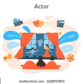 Actor and actress concept. Idea of creative people and profession. Theatrical perfomances and movie production. Vector illustration