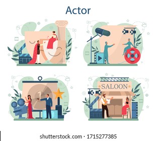 Conjunto de conceptos de actor y actriz. Idea de gente creativa y profesión. Actuaciones teatrales y producción cinematográfica. Ilustración del vector