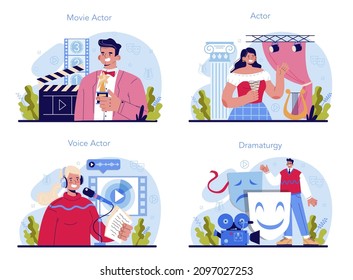 Actor and actress concept set. Theatrical performer or movie production cast member. Acting performance in front of audience or camera. Modern creative profession. Vector flat illustration