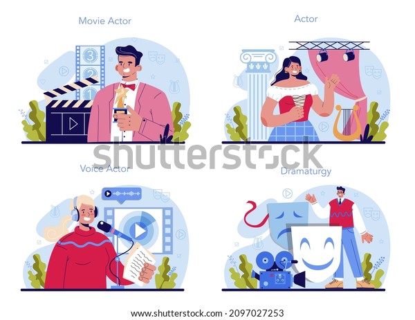 Actor and actress concept set. Theatrical\
performer or movie production cast member. Acting performance in\
front of audience or camera. Modern creative profession. Vector\
flat illustration