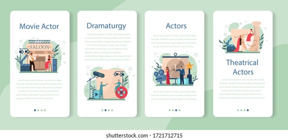 Actor and actress mobile application banner set. Idea of creative people and profession. Theatrical perfomances and movie production. Vector illustration