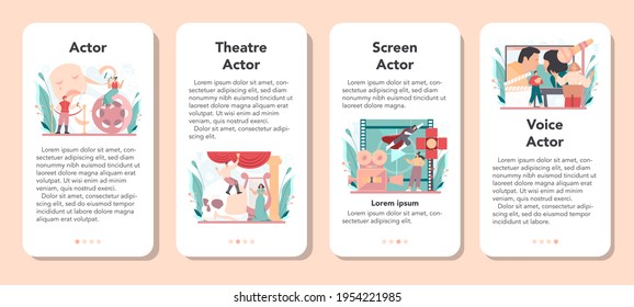 Actor and actress mobile application banner set. Theatrical performer