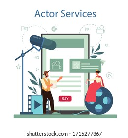 Schauspielerin und Schauspielerin Online-Service oder Plattform. Idee kreativer Menschen und Berufe. Theatervorführungen und Filmproduktion. Vektorillustration