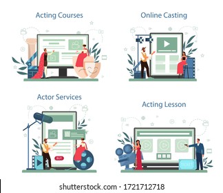 Actor and actress online service or platform set. Idea of creative people and profession. Theatrical perfomances and movie production. Online course, lesson, casting. Vector illustration