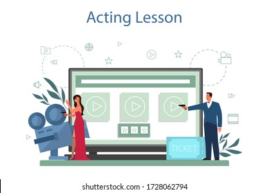 Actor and actress online service or platform. Idea of creative people and profession. Theatrical perfomances and movie production. Acting online lesson. Vector illustration