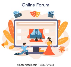 Actor and actress online service or platform. Idea of creative people and profession. Theatrical perfomances and movie production. Online forum. Vector illustration