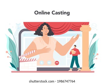 Actor And Actress Online Service Or Platform. Theatrical Performer Or Movie Production Cast Member. Online Casting. Vector Flat Illustration