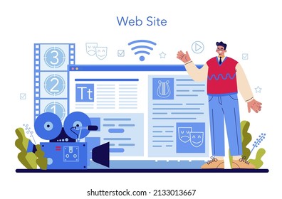 Actor and actress online service or platform. Theatrical performer, movie production cast member. Acting in front of audience or camera. Website. Vector illustration