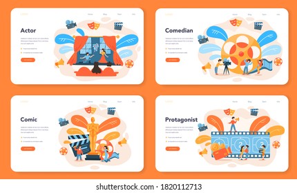 Actor and actress web banner or landing page set. Idea of creative people and profession. Theatrical perfomances and movie production. Vector illustration
