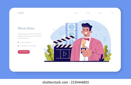 Actor and actress web banner or landing page. Theatrical performer or movie production cast member. Acting performance in front of audience or camera. Creative profession. Vector flat illustration