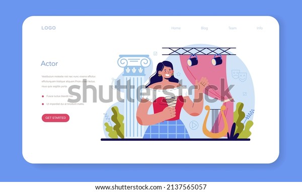 Actor and actress web banner or landing\
page. Theatrical performer or movie production cast member. Acting\
performance in front of audience or camera. Creative profession.\
Vector flat illustration