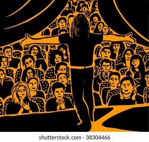 Actor The big group of people are applauding to the young man on the stage.. Black and orange vector illustration.