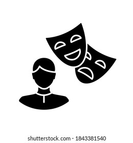 Actor Black Glyph Icon. Theater Performer. Drama Professional. Artist With Theatrical Mask. Broadway Star. Comedy Show Performance. Silhouette Symbol On White Space. Vector Isolated Illustration