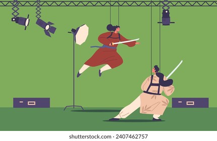 Caracteres de actor realizan intensa batalla de Samurai en el estudio de películas durante el proceso de filmación, ilustración de vectores