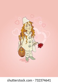 The actor in the costume of Pierrot stands on the stage. 
Serenade for his girlfriend on Valentine's Day.