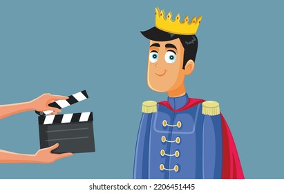 
Actor Filming a Fairy Tale Movie Adaptation Vector Illustration. Motion picture about a royal figure presenting an idealized fiction version of reality 
