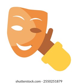 Actor hand holding smiling theatrical mask. Tradition of acting. Image for design of countries cultural traditions. Simple flat vector isolated on white background