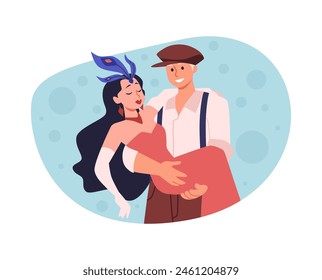 Actor que sostiene a la actriz en sus brazos ilustración plana de Vector romántico. Abrazo de la pareja de la representación del teatro, mujer hermosa en un vestido rojo elegante con plumas en su cabeza aislada en marco decorativo