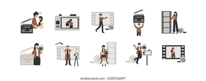 Conjunto de ilustración plana de ilustración de actor. Incluir de actor, performance, hombre, teatro, espectáculo, drama y actuación. Ilustración vectorial aislada