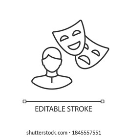 Actor linear icon. Theater performer. Drama professional. Artist with theatrical mask. Thin line customizable illustration. Contour symbol. Vector isolated outline drawing. Editable stroke