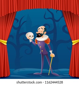 Actor man medieval suit tragic curtains theater stage cartoon character design vector illustration