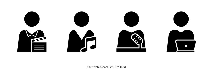 Ator, Músico, Apresentador, ícone do Criador de conteúdo defina o vetor de ilustração.